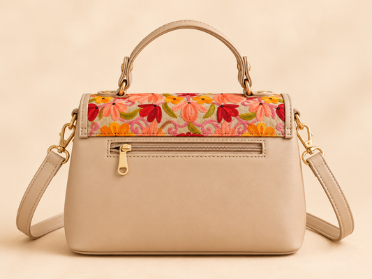 Beige Aari Work Top Handle Handbag
