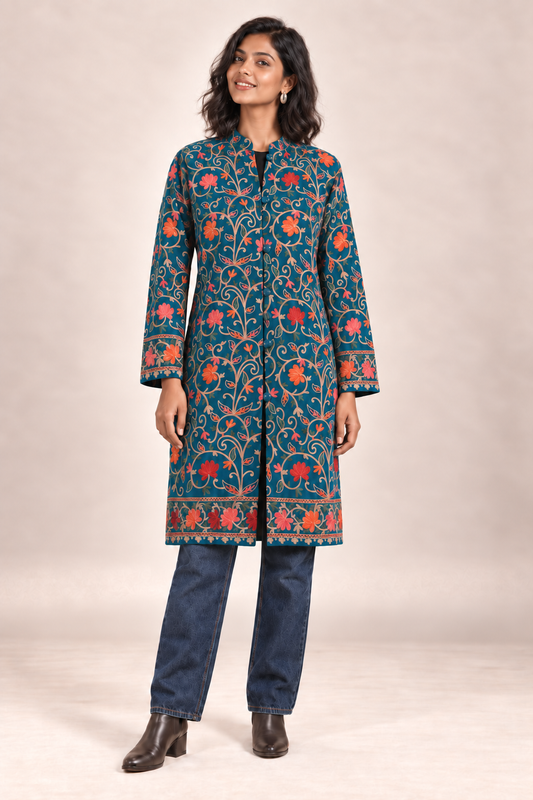 Teal Heritage Aari Long Jacket