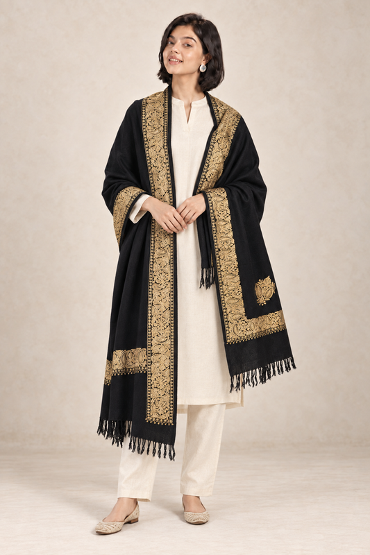 Midnight Noir Tilla Flower Pashmina Stole