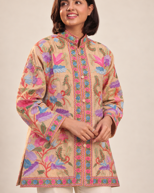 Crafted Aari Work Coat in Beige Silk with Floral Motifs