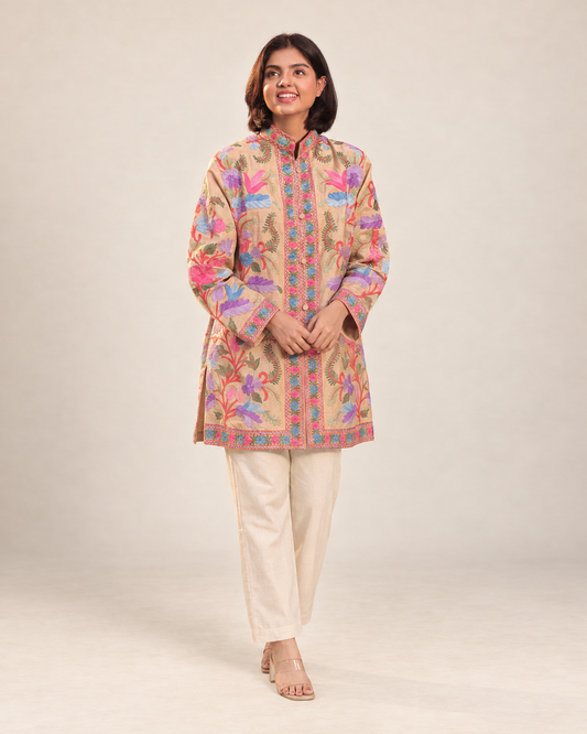Crafted Aari Work Coat in Beige Silk with Floral Motifs