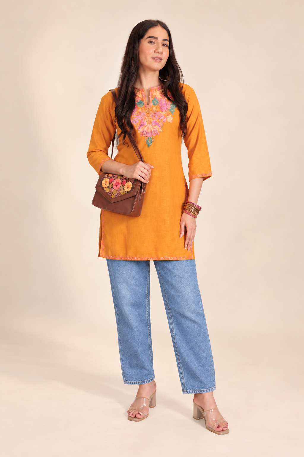Mustard Aari work short kurti in ruby cotton — alternate front view