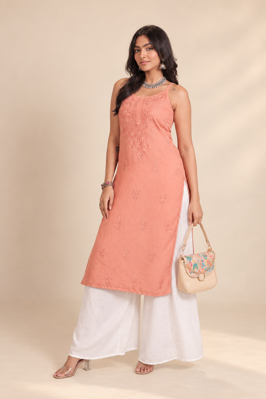 Peach Chikankari Long Kurta – Nawabi Summer