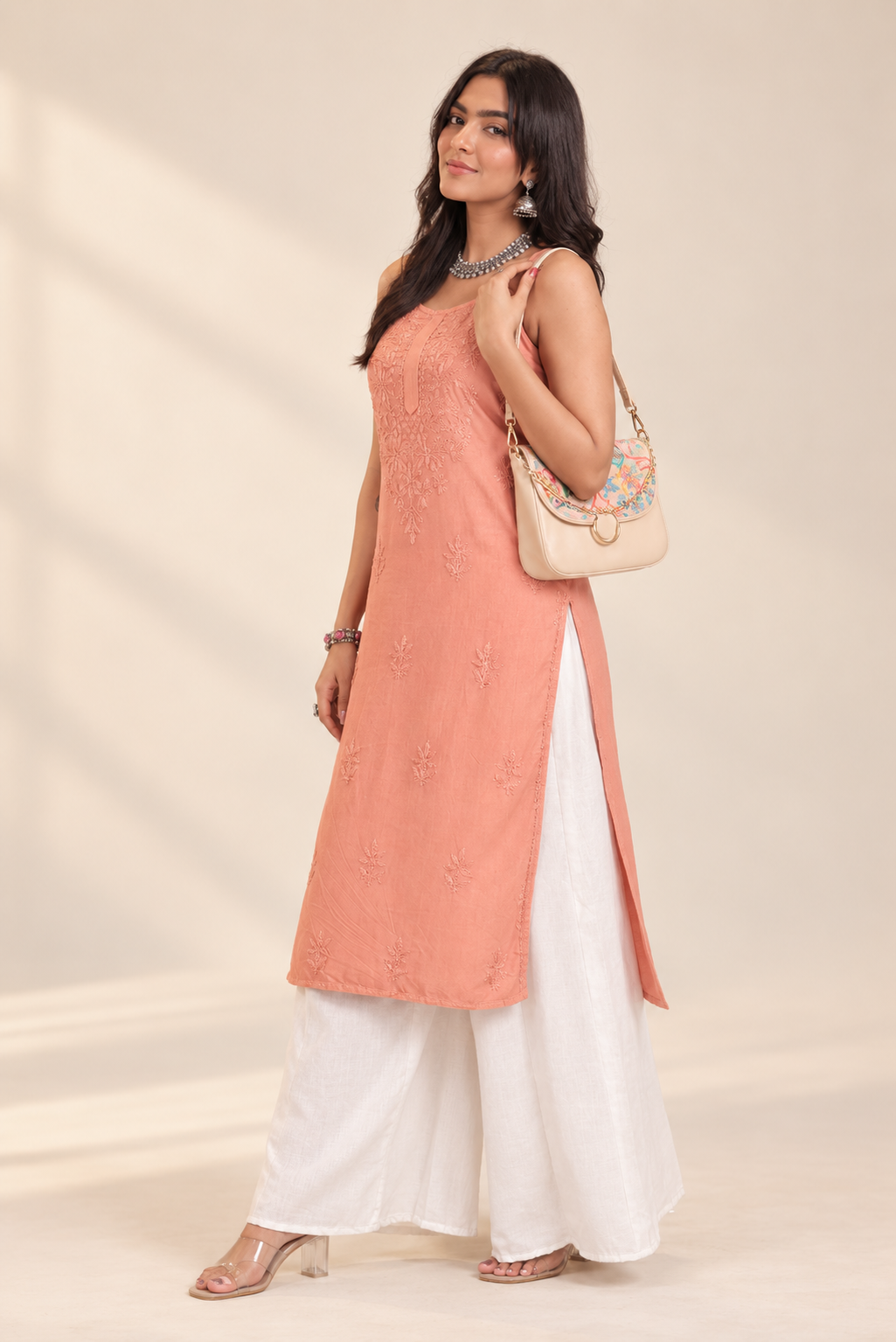 Peach Chikankari long kurti in soft cotton — alternate front view