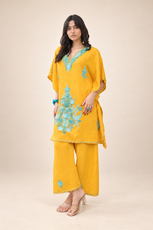 Mustard Aari Work Kaftan Set – Koshur Summer