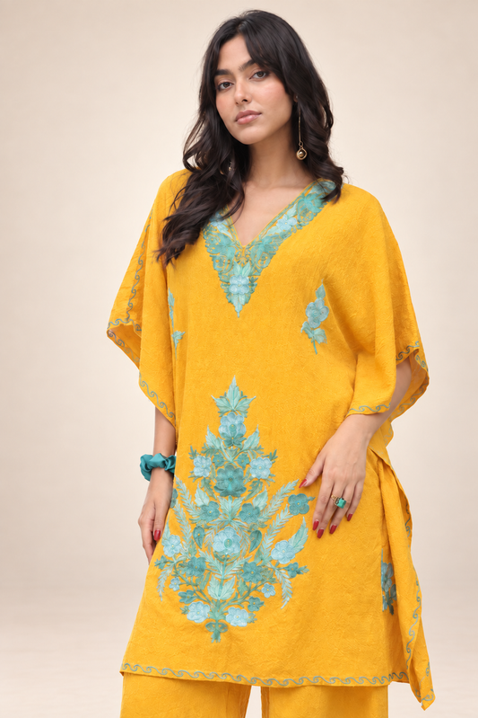Mustard Aari Work Kaftan Set – Koshur Summer