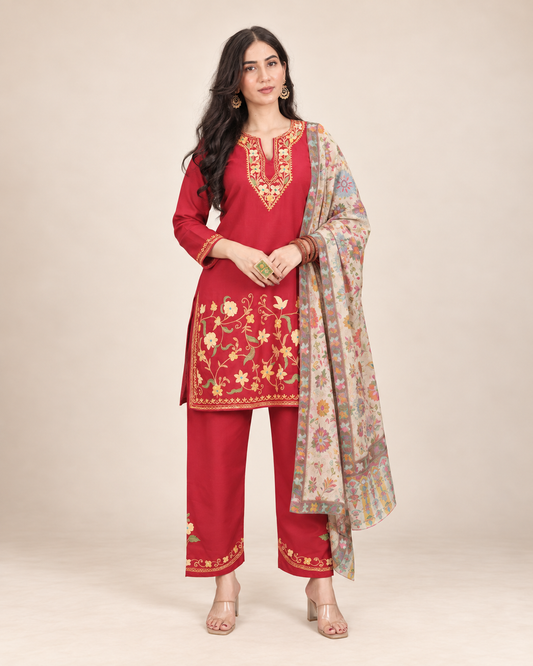 Red Jali Daman Aari work co-ord set in ruby cotton — model wearing it, front view