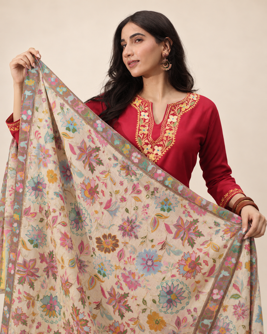 Cream Multicolor Floral Stole