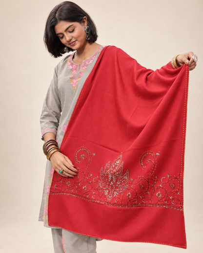 Red Kashmiri embroidered stole — worn as a wrap