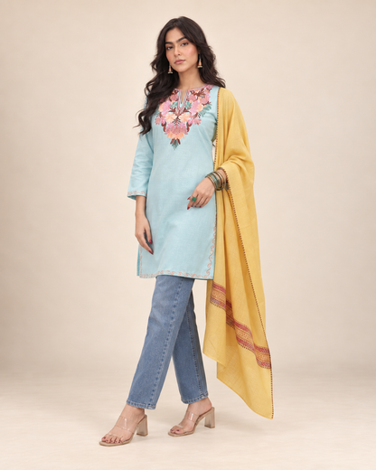 Sky blue Aari work short kurti in ruby cotton — alternate front view
