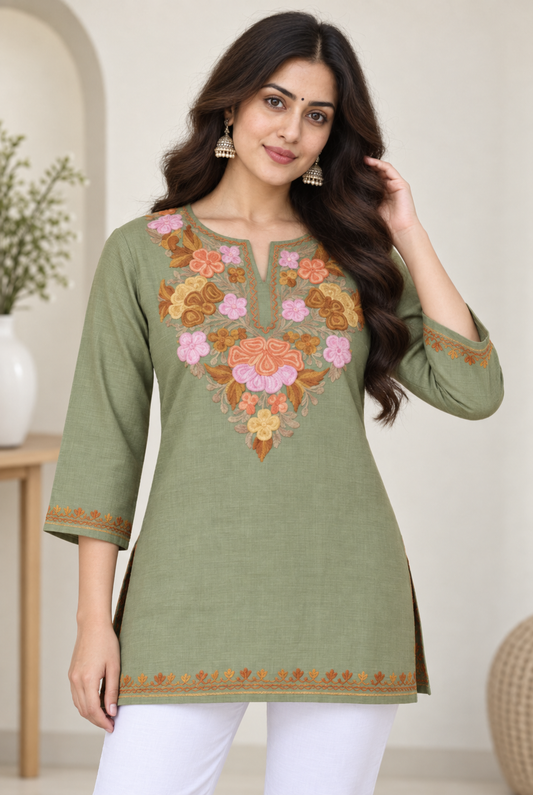 Olive Brown Aari Work Short Kurti – Summer Tops