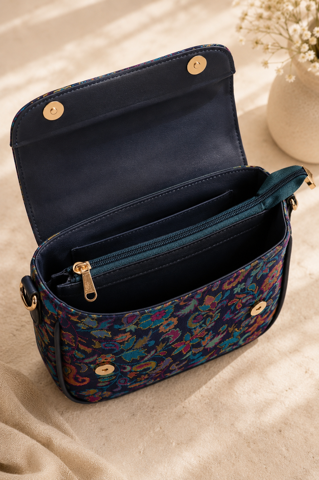 Kalamkari Double Belt Handbag in Navy Blue