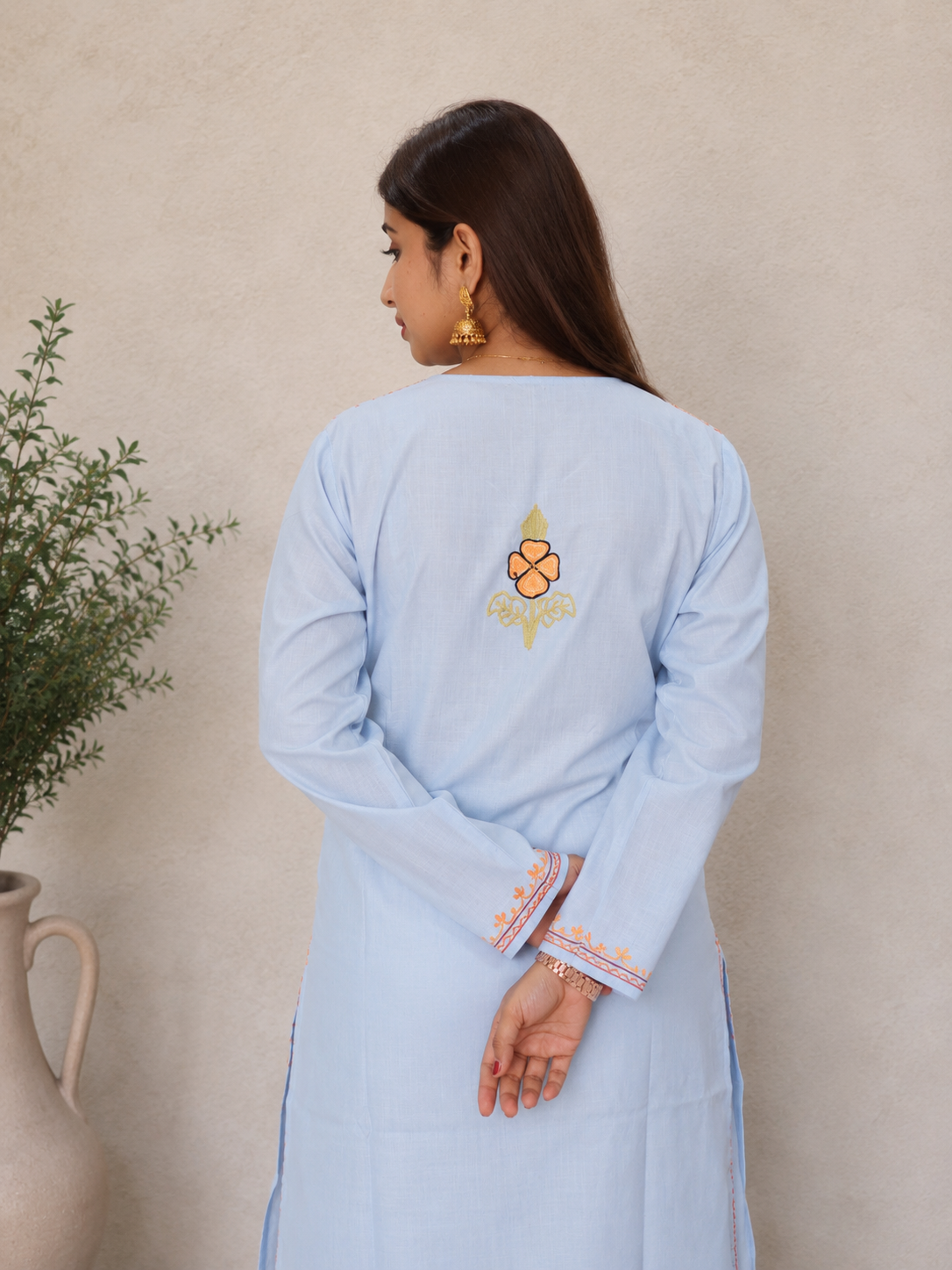 Light Blue Ruby Cotton Kurti with Aari Work Embroidery