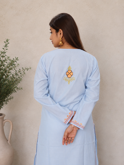 Light Blue Ruby Cotton Kurti with Aari Work Embroidery