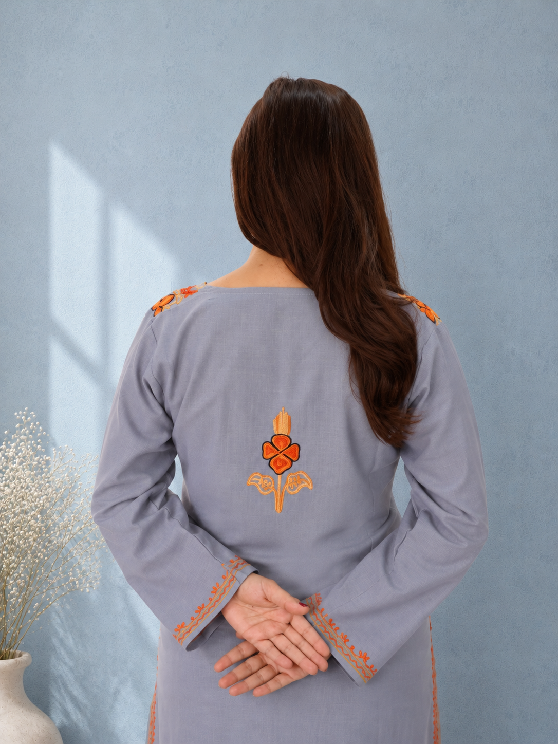 Aari Work Long Kurti in Grey and Orange Floral Motifs