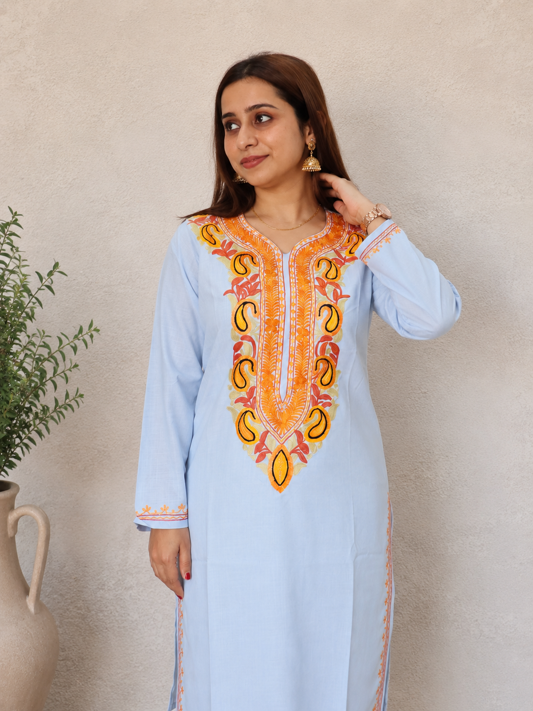 Light Blue Ruby Cotton Kurti with Aari Work Embroidery