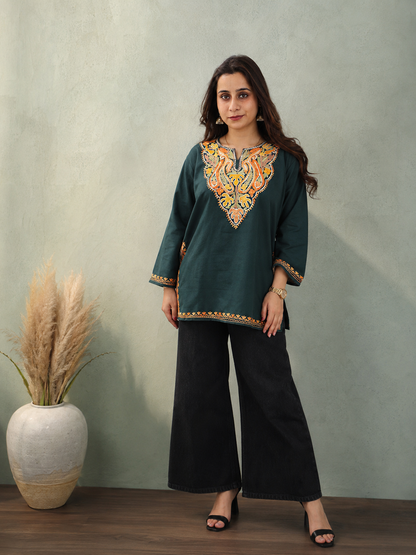Aari Work Short Kurti in Dark Green Ruby Cotton