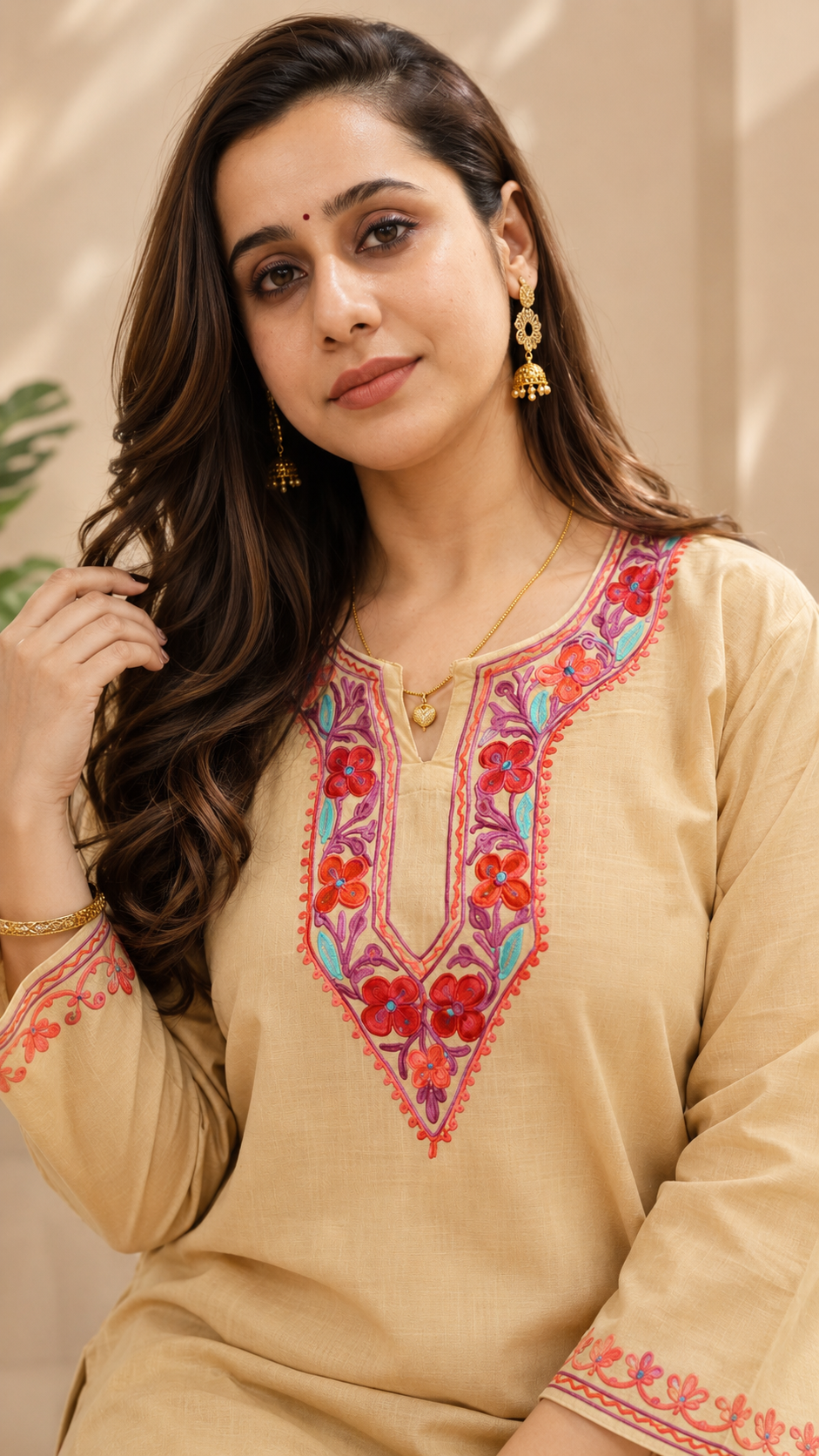 Beige Ruby Cotton Jali Daman Aari Work Cord Set