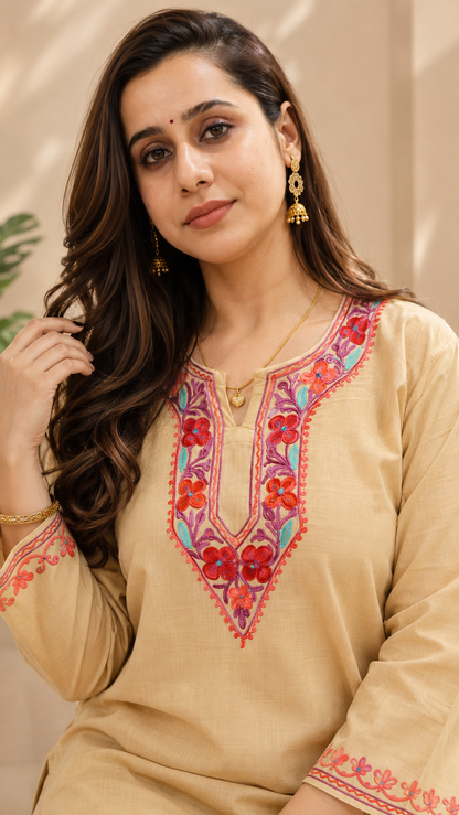 Beige Ruby Cotton Jali Daman Aari Work Cord Set