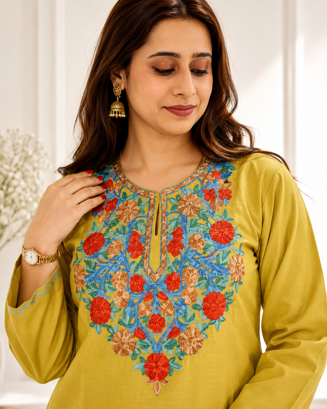 Aari Work Long Kurti in Light Green Ruby Cotton