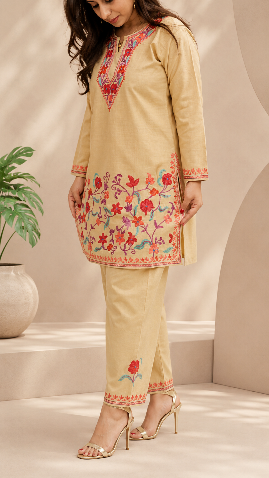 Beige Ruby Cotton Jali Daman Aari Work Cord Set