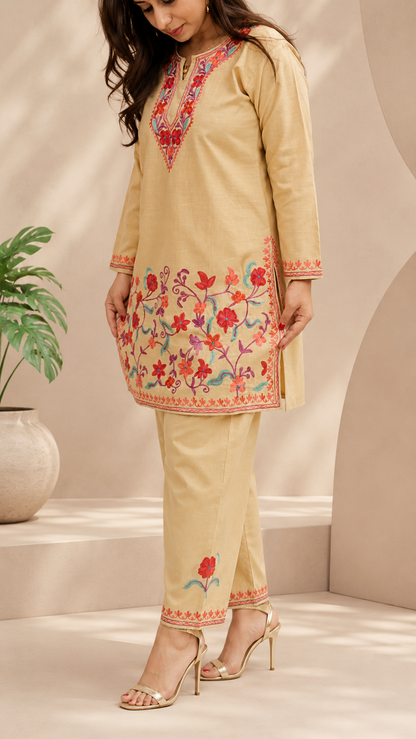 Beige Ruby Cotton Jali Daman Aari Work Cord Set