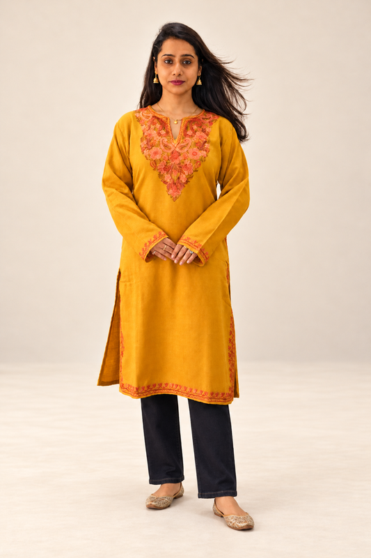 Mustard Winter Long Kurti with Aari Embroidery