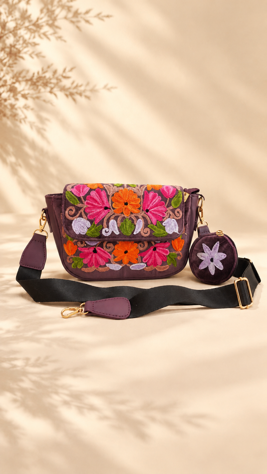 Purple Aari Work Sling Bag