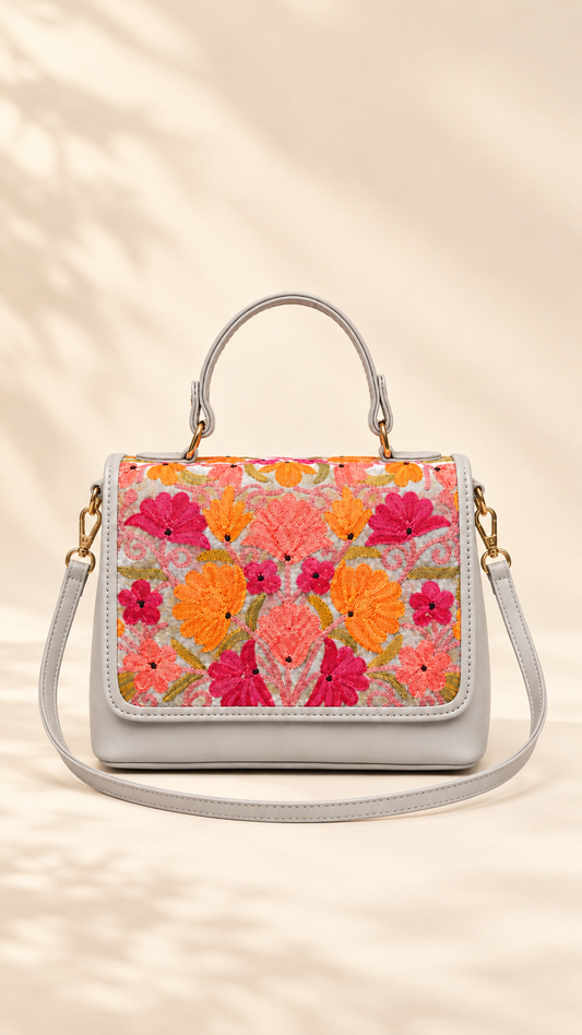 Silver Grey Aari Work Top Handle Handbag