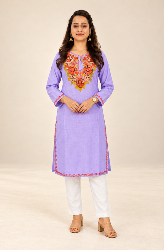 Lavender Aari work long kurti in ruby cotton — model wearing it, front view
