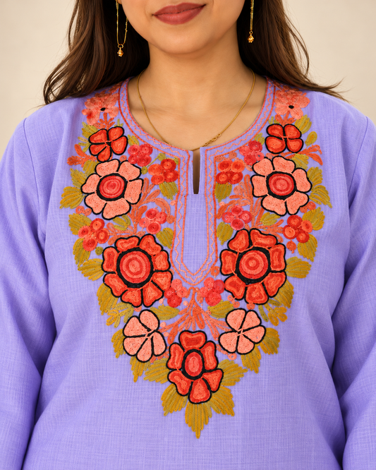 Lavender Aari work long kurti in ruby cotton — close-up of the embroidered neckline