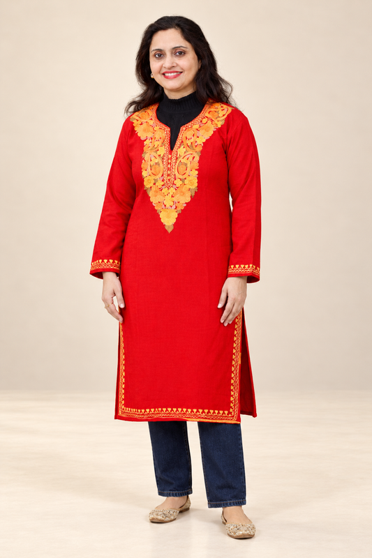 Ruby Winter Red Long Kurta with Golden Aari Embroidery