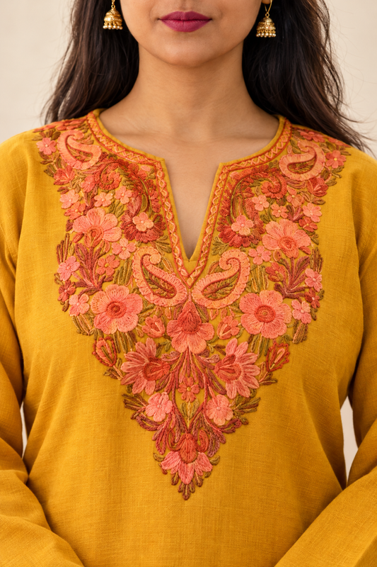 Mustard Winter Long Kurti with Aari Embroidery