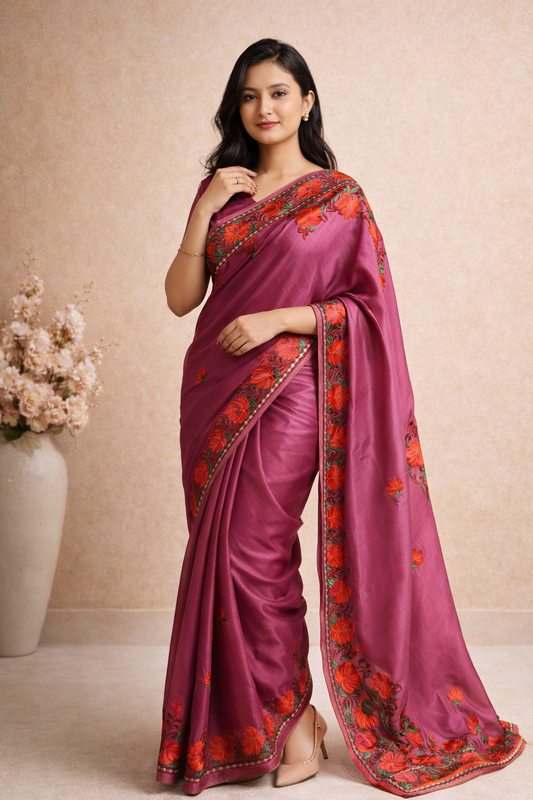 Silk Pink Kashmiri Aari Work Saree