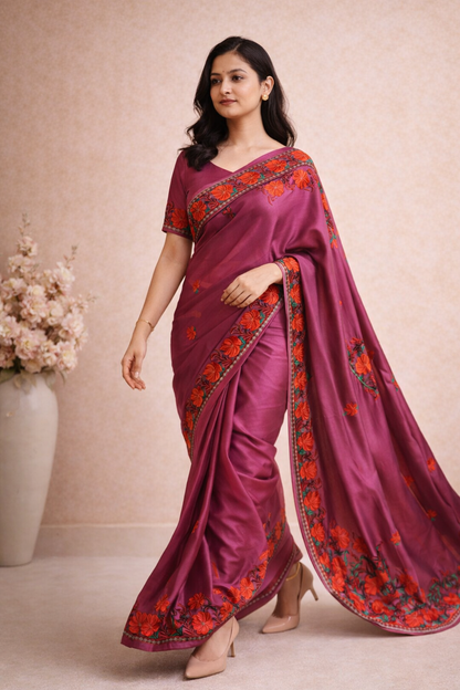 Silk Pink Kashmiri Aari Work Saree