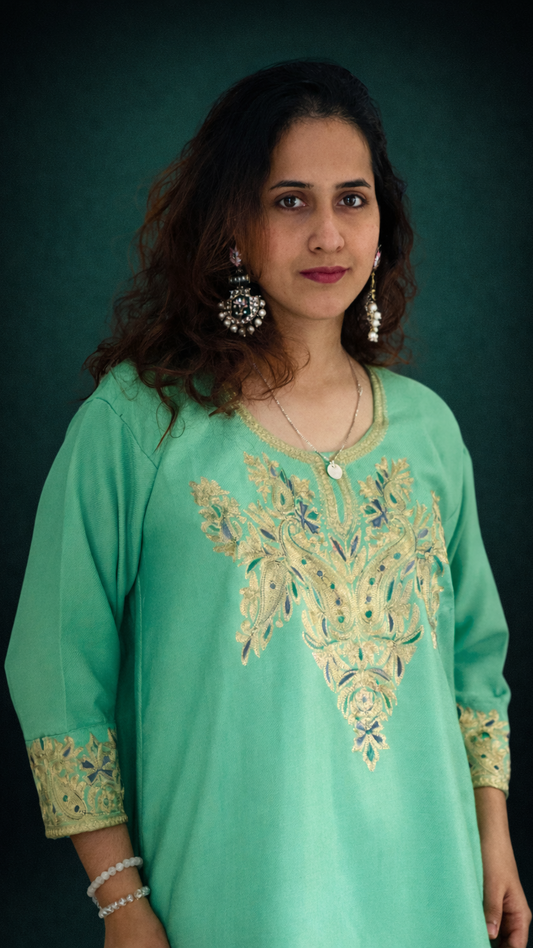 Gulnaar Pista Tilla Embroidered Cashmilon Cord Set