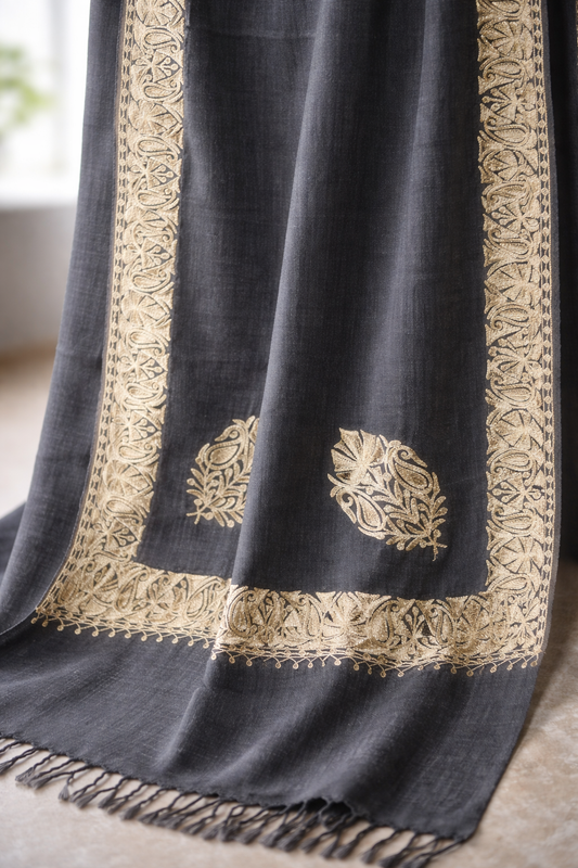 Graphite Tilla Flower Pashmina Stole