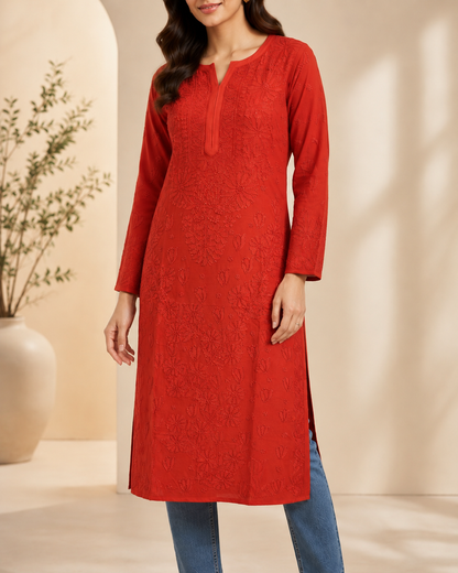 Red Chikankari Long Kurta – Nawabi Summer
