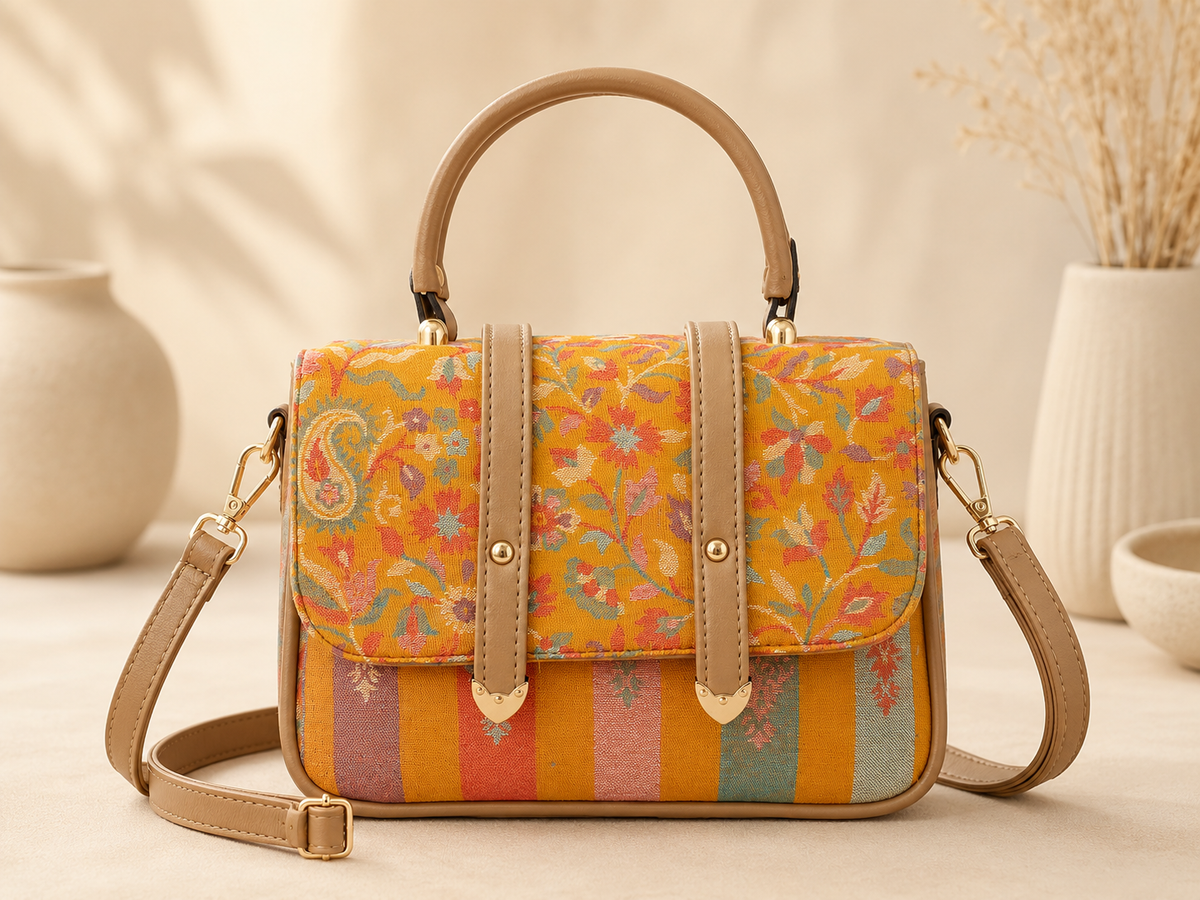 Mustard Kani Work Double Belt Handbag