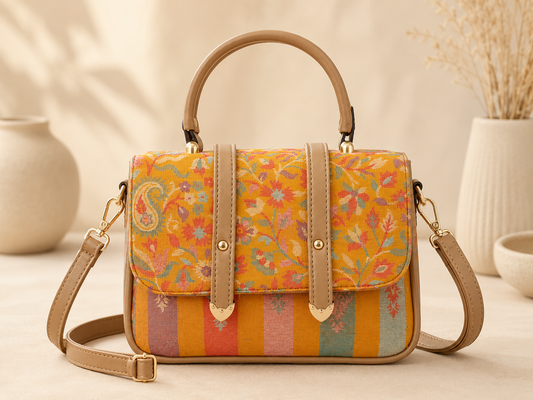 Mustard Kani Work Double Belt Handbag