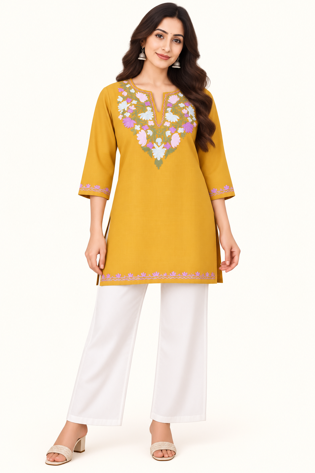 Mustard Purple Aari Work Short Kurti – Summer Tops