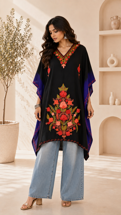 Black Blue Aari Work Kaftan - Koshur Summer 1