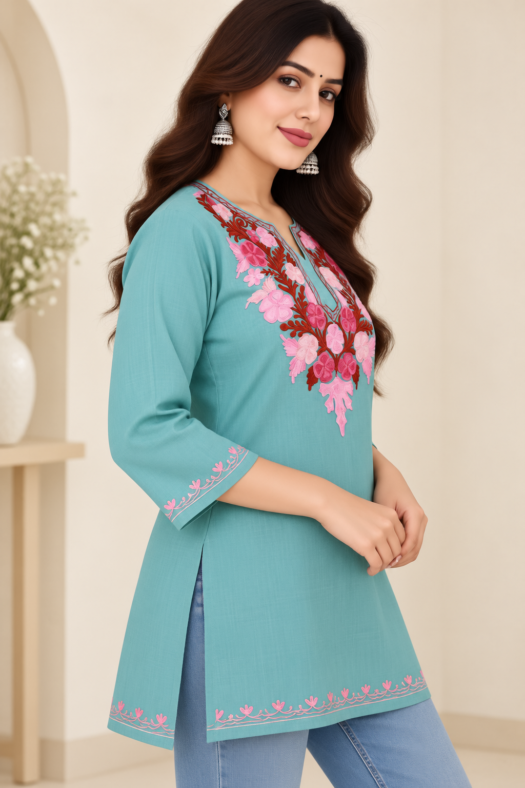 Sea Green Aari Work Short Kurti – Summer Tops