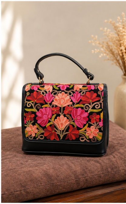 Black Red Aari Work Top Handle Handbag — front view