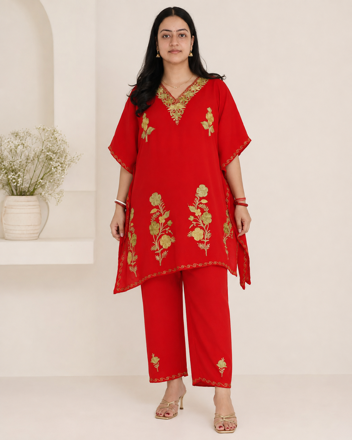 Red Aari Work Kaftan Set - Koshur Summer 1