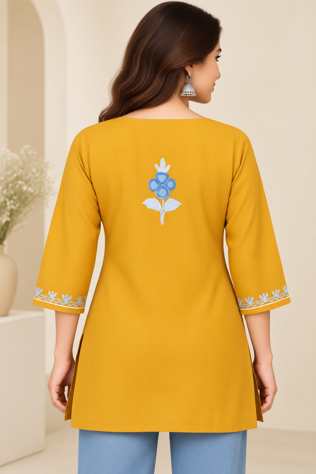 Mustard Blue Aari Work Short Kurti – Summer Tops