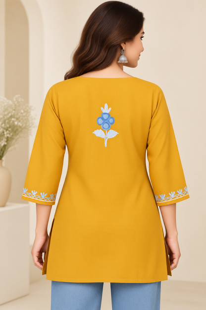 Mustard Blue Aari Work Short Kurti – Summer Tops