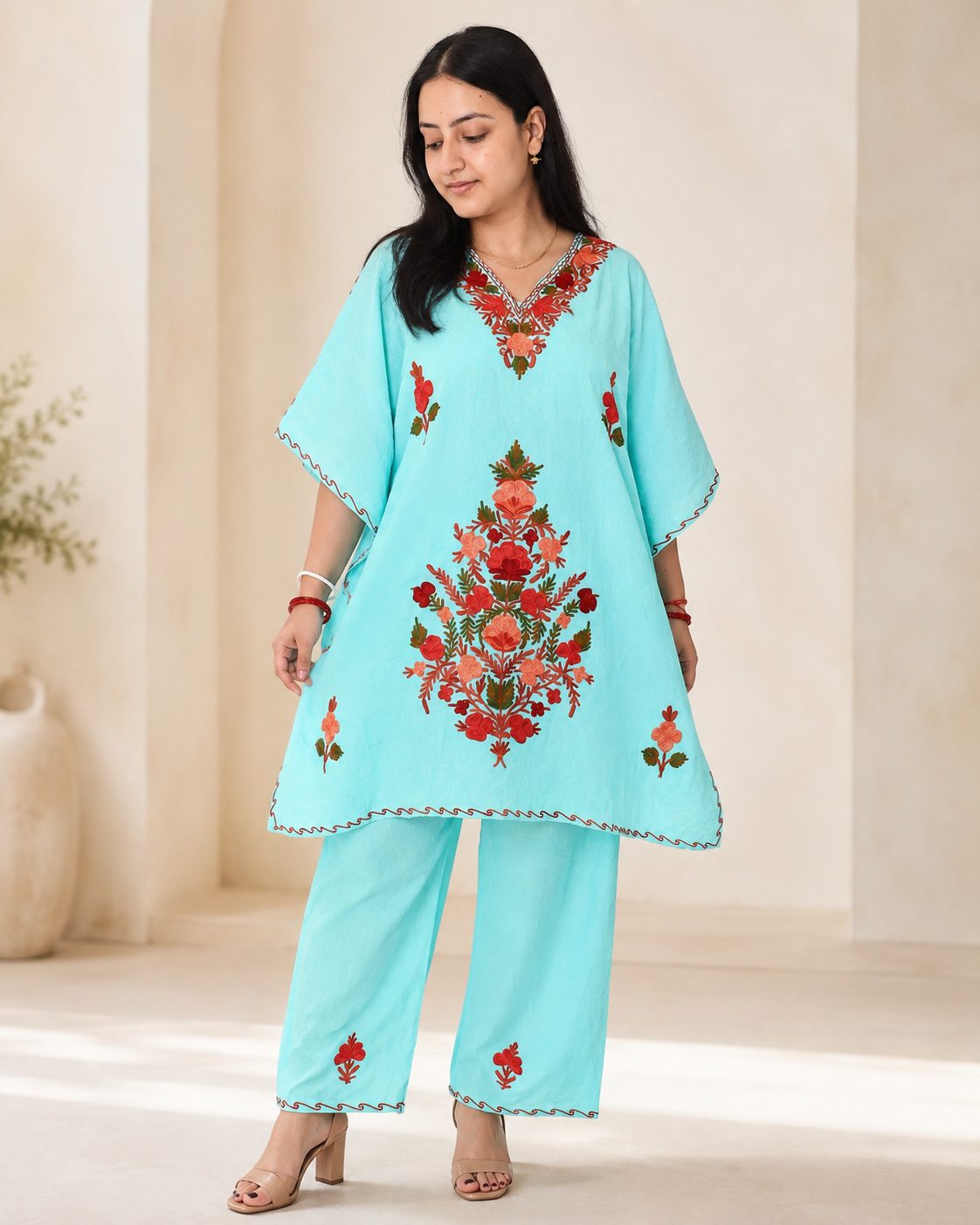 Sea Green Aari Work Kaftan Set - Koshur Summer 1