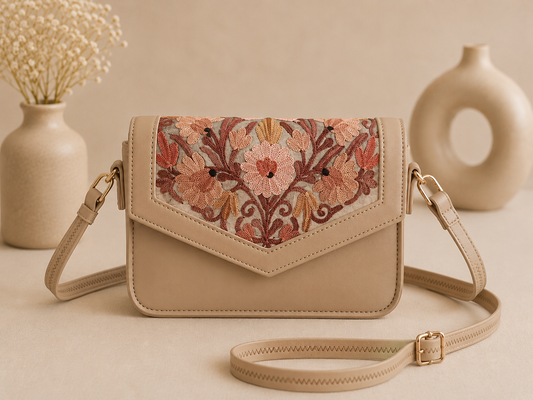 Beige Aari Work Barfi Handbag