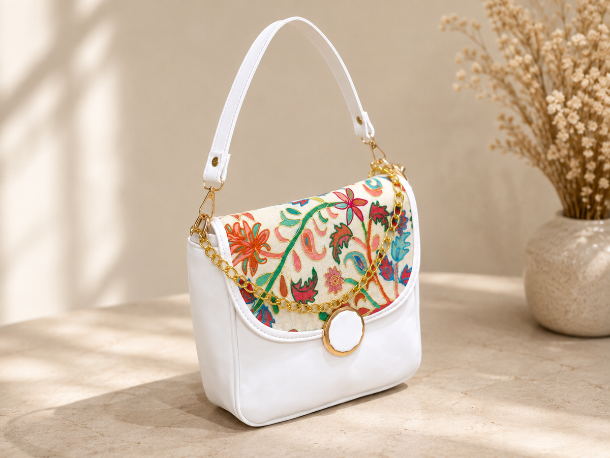 White Kani Work Gold Chain Handbag